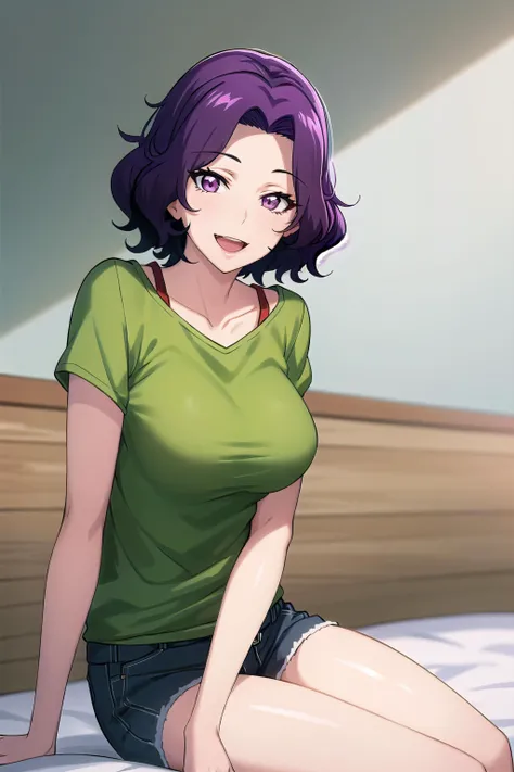 best quality, (masterpiece:1.2), highly detailed, sitting, mature woman,
1girl, solo, <lora:chara_GrandBlue_HamaokaAzusa_v1:0.8>, hamaoka azusa,
looking at the viewer, smile, open mouth,
purple eyes, purple hair, short hair, green shirt, red bra strap