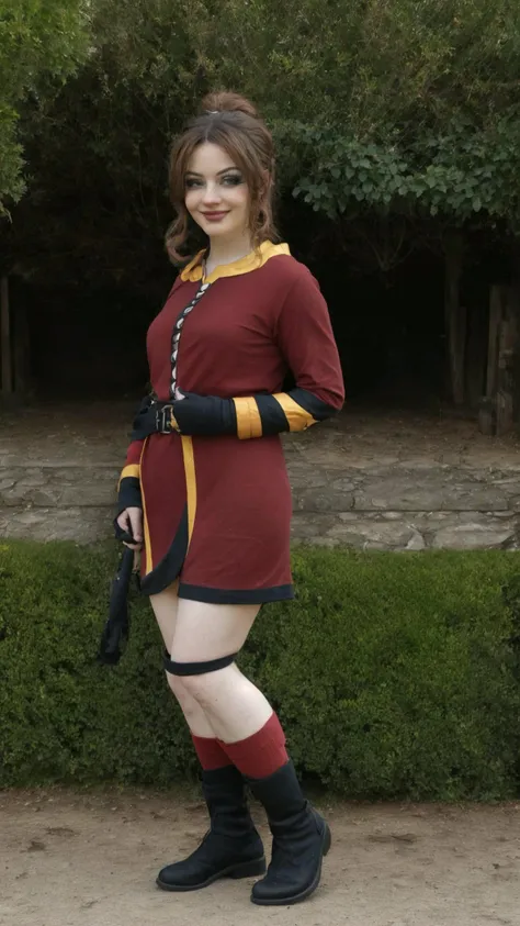 an 30yo woman, detailed face, looking at viewer, (full body shot:1.4), hdr, 8k, <lora:skin_slider_v10:1>, detailed eyes, <lora:egirlmakeupv1:0.7>, egirlmakeup, playful smirk, <lora:KonosubaCostumePackV1_5-000010:1>, mgmoutfit,