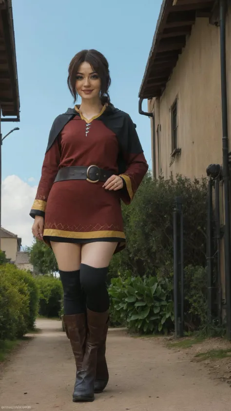an 30yo woman, detailed face, looking at viewer, (full body shot:1.4), hdr, 8k, <lora:skin_slider_v10:1>, detailed eyes, <lora:egirlmakeupv1:0.5>, egirlmakeup, playful smirk, <lora:KonosubaCostumePackV1_5-000010:1>, mgmoutfit,