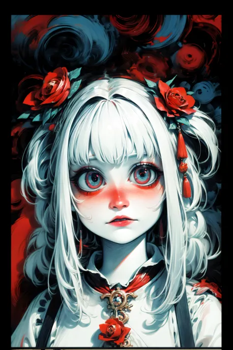 (abstract art:1.2), fractal art, psychedelic art, (style of Yuko Shimizu:1.1), red theme, dark theme, 1girl, Pinafore Dress, roses, hair ornament, somber expression, dark blue accent, masterpiece, best quality, ultra high res, award-winning art, highly detailed, beautiful, aesthetic, Inverted Bob with Fringe,((best quality, masterpiece, extreme details):1.2) ((detailed eyes, detailed face):1.2), egirlmakeup <lora:add_detail:1> <lora:egirlmakeup:0.7> <lora:backlight_slider_v10:1> <lora:skin_tone_slider_v1:-4> <lora:detail_slider_v4:2> <lora:eye_size_slider_v1:5> <lora:freckle_slider_v1:3> <lora:eyebrows_slider_v2:3>