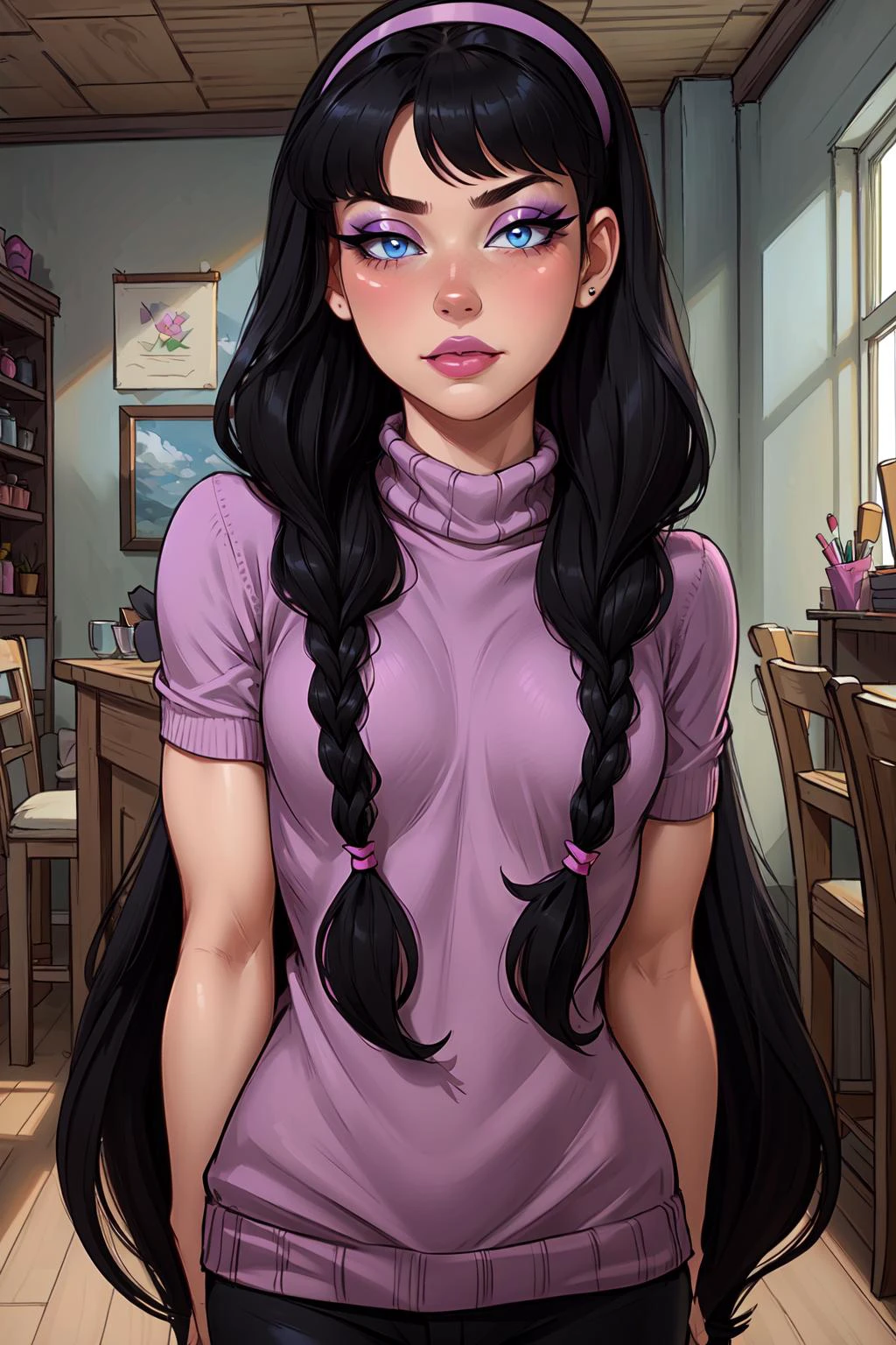 masterpiece, best quality, TrixieTang, 1girl, purple sweater, purple hairband, arms behind back, black hair, twin braids, long hair, blue eyes, standing, upper body, small breasts, looking at viewer, nose blush, egirlmakeup, eyeliner, pink lips, closed mouth, solo, indoors, saloon, <lora:Concept_Egirl_Makeup:0.5> <lora:Character_Fairly.Odd.Parents_Trixie.Tang:0.7> <lora:Function_Hair.Detailer:0.3> <lora:Function_Add.Detail:0.3>