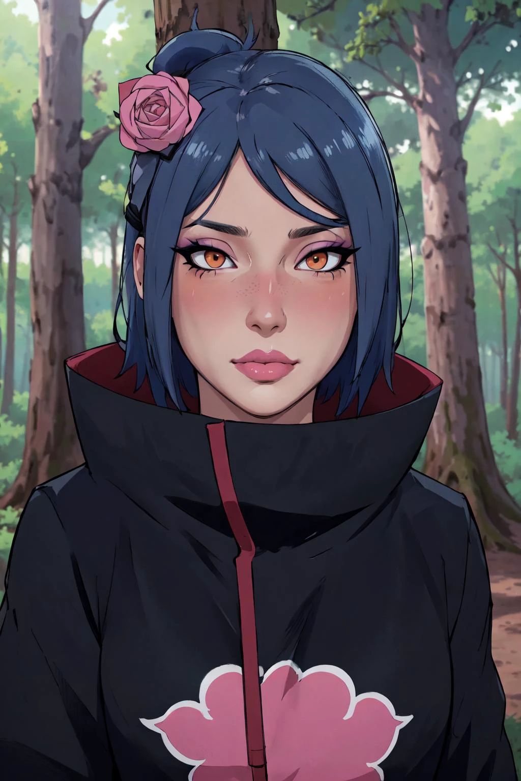 (masterpiece, best quality:1.3), 1girl, <lora:Character_Naruto_Konan:0.6> konan \(naruto\), upper body, akatsuki outfit, blue hair, orange eyes, solo, blush, eyeliner, nose blush, pink lips, looking at viewer, outdoors, forest, tree (detailed, highres:1.4) <lora:Concept_Makeup.Egirl:0.3> egirlmakeup <lora:Function_Add.Detail:0.3>