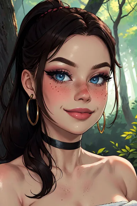 (masterpiece, best quality:1.3), claired, 1girl, low ponytail, brown hair,  blue eyes, long hair, solo, lips, glossy lips, smile, closed mouth, black choker, hoop earrings, metallic, upper body, naked towel, blush, eyeliner, nose blush, freckles, looking at viewer, outdoors, forest, (detailed, highres:1.2), <lora:Character_Resident.Evil_Claire.Redfield:0.6> <lora:Concept_Makeup.Egirl:0.5> egirlmakeup