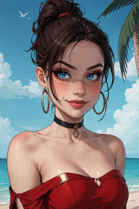 (masterpiece, best quality:1.2), claired, 1girl, low ponytail, brown hair, blue eyes, long hair, solo, red dress, bare shoulders,  lips, smirk, black choker, hoop earrings, metallic, upper body, small breasts, blush, eyeliner, nose blush, freckles, looking at viewer, outdoors, beach, palm tree, (detailed, highres:1.2), <lora:Character_Resident.Evil_Claire.Redfield:0.5> <lora:Concept_Makeup.Egirl:0.5> egirlmakeup