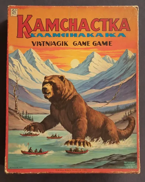 <lora:Wizards_Vintage_Board_Game:1> vintage board game box called "Kamchatka"