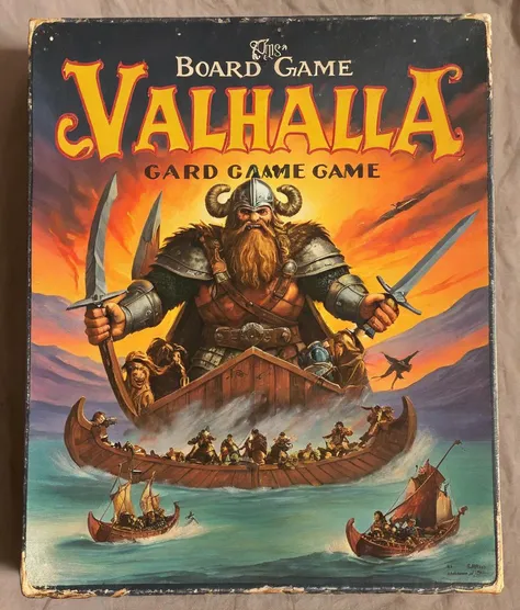 <lora:Wizards_Vintage_Board_Game:1> Vintage board game box, vintage board game box called "Valhalla "