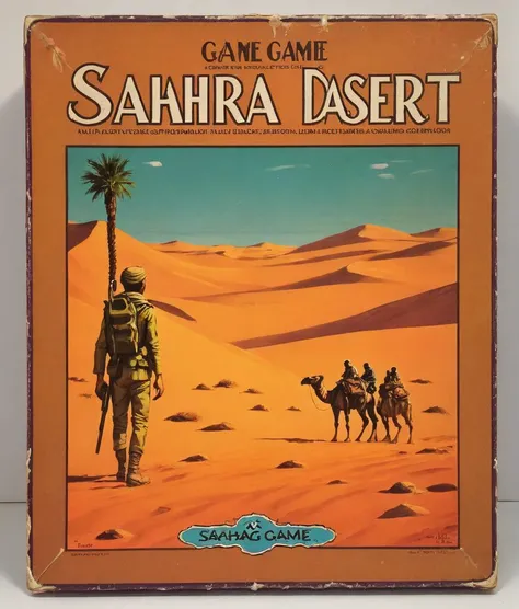 <lora:Wizards_Vintage_Board_Game:1> Vintage board game box, vintage board game box called "Sahara Desert  "