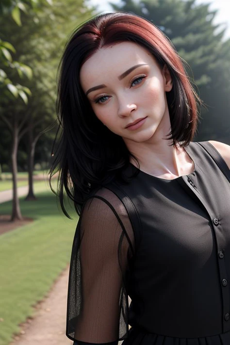 a professional woman walking through a park, BREAK trees, hedge, BREAK embedding:alice03, BREAK closeup photo, bokeh