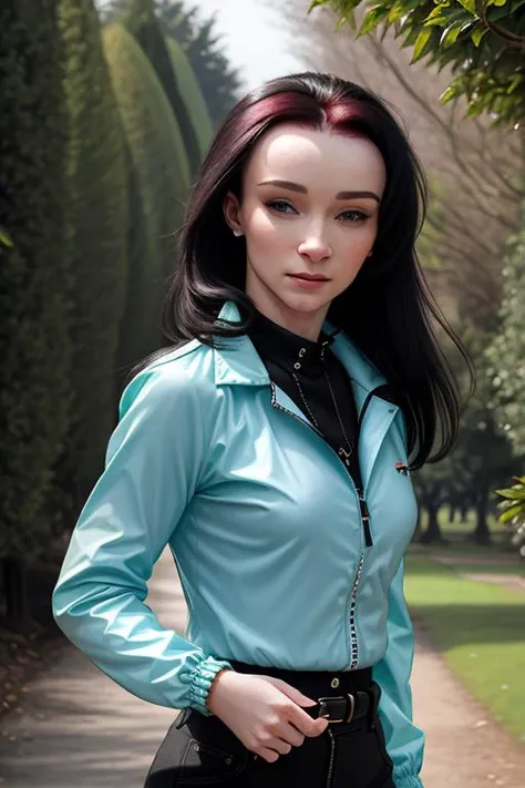 a punk woman walking through a park, wearing windbreaker, knit blouse, trousers, BREAK trees, hedge, BREAK embedding:alice03, BREAK closeup photo, bokeh