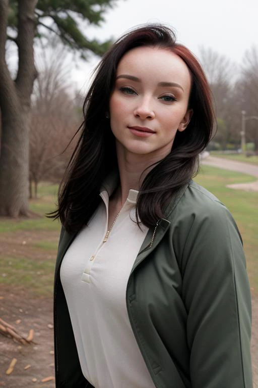 a woman walking through a park, wearing windbreaker, knit blouse, slacks, BREAK trees, hedge, BREAK embedding:alice03, BREAK closeup photo, bokeh