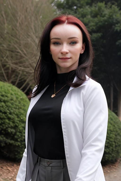 a woman walking through a park, wearing windbreaker, knit blouse, knit trousers, BREAK trees, hedge, BREAK embedding:alice03, BREAK closeup photo, bokeh