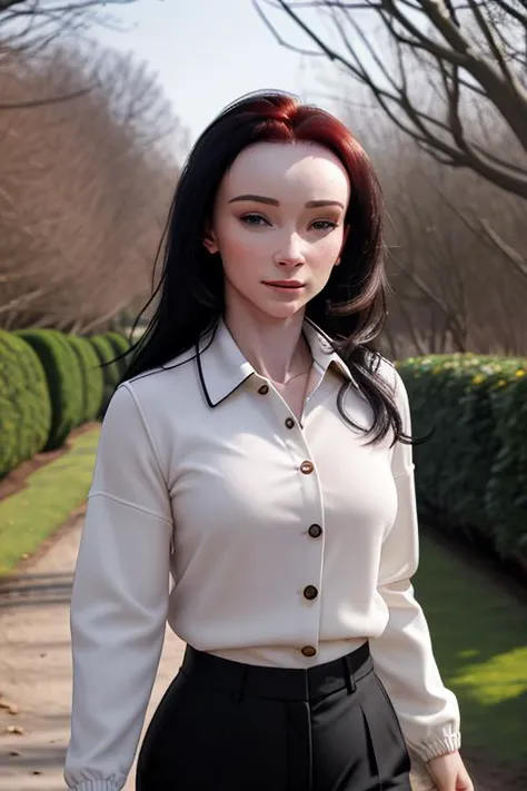 a woman walking through a park, wearing windbreaker, knit blouse, trousers, BREAK trees, hedge, BREAK embedding:alice03, BREAK closeup photo, bokeh