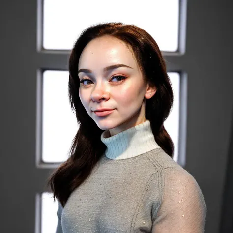studio portrait of alice02 wearing lipstick and a turtleneck sweater, detailed eyes, smirk, very bright lighting, high contrast, RAW photo, skin imperfections