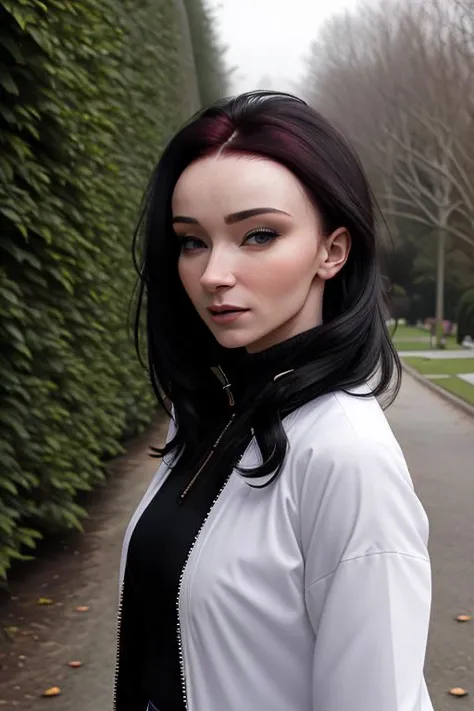 a punk woman walking through a park, wearing windbreaker, knit blouse, trousers, BREAK trees, hedge, BREAK embedding:alice03, BREAK closeup photo, bokeh