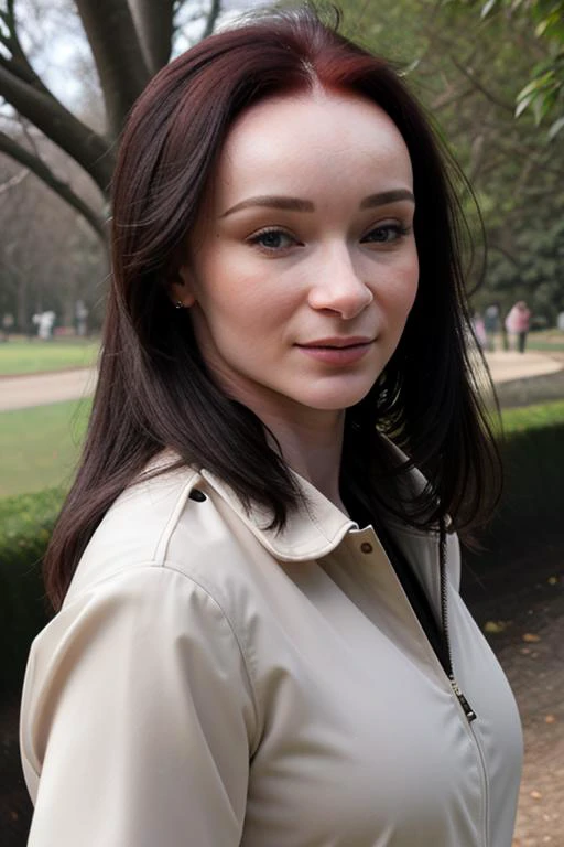 a woman walking through a park, wearing windbreaker, knit blouse, slacks, BREAK trees, hedge, BREAK embedding:alice03, BREAK closeup photo, bokeh
