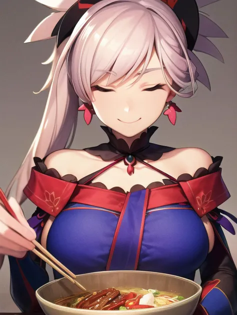 ((Best quality)), ((masterpiece)), ((realistic)), ((beautiful)), a portrait of Miyamoto Musashi from Fate/Grand Order, enjoying a bowl of ramen with gusto. Her cheeks are full as she slurps the noodles and broth with relish, savoring every bite. The steam rises from the bowl, adding to the ambiance of the scene. Musashi's expression is one of pure enjoyment, with her eyes closed and a contented smile on her face. Her chopsticks are skillfully wielded, showcasing her dexterity and expertise. The details of the ramen, from the toppings to the noodles, are depicted with precision and mouth-watering realism. The composition is carefully crafted to capture the joy and satisfaction of Musashi's ramen feast, with vibrant colors and dynamic brushstrokes adding to the overall appeal of the image. On eye level, scenic, masterpiece.<lora:miyamotoMusashiFate_v10:1>,,big boobs,bare shoulders,magatama, long hair, japanese clothesponytail, hair ornament, detached sleeves, asymmetrical hair, jewelry, earrings,