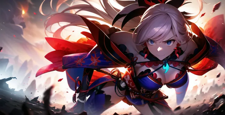 ((Best quality)), ((masterpiece)), ((realistic)), ((beautiful epic)), a wide portrait of Miyamoto Musashi, the character from Fate/Grand Order, in the midst of a Shimousa carnage battle in Epic of Remnant, Pseudo-Singularity III: The Stage of Carnage. Musashi's face is splattered with blood, and her eyes gleam with determination as she wields her katanas with expert precision. The background is dominated by a red moon, casting an eerie glow over the scene, while the floor is littered with skulls, a testament to the fierce battle taking place. Musashi's kimono billows around her in the heat of the fight, adding to the dynamic and action-packed atmosphere of the scene. The attention to detail in depicting the blood, moon, and skulls, along with Musashi's fierce expression and formidable stance, make the image truly immersive and evocative of the intense battle in Shimousa. On eye level, scenic, masterpiece.<lora:miyamotoMusashiFate_v10:1>,bare shoulders, magatama, long hair, japanese clothes, ponytail, hair ornament, detached sleeves, asymmetrical hair, jewelry, earrings,
