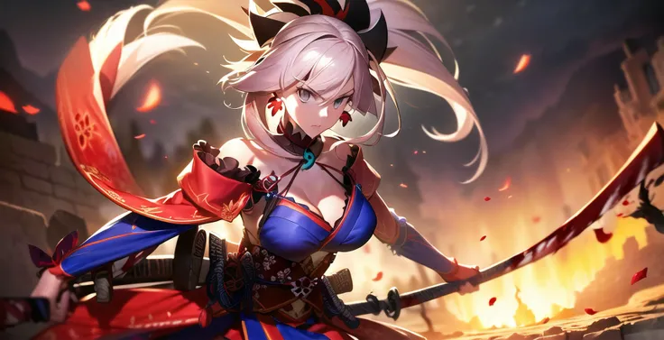 ((Best quality)), ((masterpiece)), ((realistic)), ((beautiful epic)), a wide portrait of Miyamoto Musashi, the character from Fate/Grand Order, in the midst of a Shimousa carnage battle in Epic of Remnant, Pseudo-Singularity III: The Stage of Carnage. Musashi's face is splattered with blood, and her eyes gleam with determination as she wields her katanas with expert precision. The background is dominated by a red moon, casting an eerie glow over the scene, while the floor is littered with skulls, a testament to the fierce battle taking place. Musashi's kimono billows around her in the heat of the fight, adding to the dynamic and action-packed atmosphere of the scene. The attention to detail in depicting the blood, moon, and skulls, along with Musashi's fierce expression and formidable stance, make the image truly immersive and evocative of the intense battle in Shimousa. On eye level, scenic, masterpiece.<lora:miyamotoMusashiFate_v10:1>,bare shoulders, magatama, long hair, japanese clothes, ponytail, hair ornament, detached sleeves, asymmetrical hair, jewelry, earrings