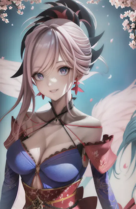 bare shoulders, magatama, long hair, japanese clothes, ponytail, hair ornament, detached sleeves, asymmetrical hair, jewelry, earrings, blue eyes, pink hair, blue kimono
<lora:miyamotoMusashiFate_v10:1>, Highly detailed, High Quality, Masterpiece, beautiful, sharp focus, shiny skin, best quality, perfect anatomy:1.4, high detailed, 8k, highres, lineart, sketch, (masterpiece:1.1), (highest quality:1.1), (sharp focus:1.2), (colored:1.3), (digital painting:1.1), 8k wallpaper, (tight gap:1.2), (detailed face and eyes:1.25), smile, cleavage, outside, cherry blossom tree, skistyle,
<lora:sakimiChanLora_v10:0.8>