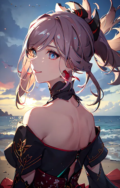 (masterpiece, finely detailed beautiful eyes: 1.2), (on the sea,wind, morning,backlight), (barelegged,off Shoulder),volumetric lighting, multi-color eyes, detailed eyes, hyper detailed,seductive smile, highly detailed, beautiful, small details, ultra detailed, best quality, intricate, hyperrealism, sharp, digital illustration, detailed, realism, intricate, 4k, 8k, trending on artstation, good anatomy, beautiful lighting, award-winning, photorealistic, realistic shadows, realistic lighting, beautiful lighting, raytracing, intricate details, masterpiece, (illustration:1.1), highres, (extremely detailed CG, unity, 8k wallpaper:1.1), beautiful face, highly detailed face, ultra realistic, rule of thirds,masterpiece, bokeh, extremely detailed, intricate, zoomout, colorful, vibrant colors, sidelocks,1girl,look back,side view,(bare shoulders, magatama, long hair, japanese clothes, ponytail, hair ornament, detached sleeves, asymmetrical hair, jewelry, earrings,big breasts), <lora:miyamotoMusashiFate_v10:1>, <lora:koreanDollLikeness_v15:0.1>