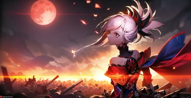 ((Best quality)), ((masterpiece)), ((realistic)), ((beautiful epic)), a wide portrait of Miyamoto Musashi, the character from Fate/Grand Order, in the midst of a Shimousa carnage battle in Epic of Remnant, Pseudo-Singularity III: The Stage of Carnage. Musashi's face is splattered with blood, and her eyes gleam with determination as she wields her katanas with expert precision. The background is dominated by a red moon, casting an eerie glow over the scene, while the floor is littered with skulls, a testament to the fierce battle taking place. Musashi's kimono billows around her in the heat of the fight, adding to the dynamic and action-packed atmosphere of the scene. The attention to detail in depicting the blood, moon, and skulls, along with Musashi's fierce expression and formidable stance, make the image truly immersive and evocative of the intense battle in Shimousa. On eye level, scenic, masterpiece.<lora:miyamotoMusashiFate_v10:1>,bare shoulders, magatama, long hair, japanese clothes, ponytail, hair ornament, detached sleeves, asymmetrical hair, jewelry, earrings,