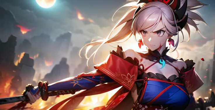 ((Best quality)), ((masterpiece)), ((realistic)), ((beautiful epic)), a wide portrait of Miyamoto Musashi, the character from Fate/Grand Order, in the midst of a Shimousa carnage battle in Epic of Remnant, Pseudo-Singularity III: The Stage of Carnage. Musashi's face is splattered with blood, and her eyes gleam with determination as she wields her katanas with expert precision. The background is dominated by a red moon, casting an eerie glow over the scene, while the floor is littered with skulls, a testament to the fierce battle taking place. Musashi's kimono billows around her in the heat of the fight, adding to the dynamic and action-packed atmosphere of the scene. The attention to detail in depicting the blood, moon, and skulls, along with Musashi's fierce expression and formidable stance, make the image truly immersive and evocative of the intense battle in Shimousa. On eye level, scenic, masterpiece.<lora:miyamotoMusashiFate_v10:1>,bare shoulders, magatama, long hair, japanese clothes, ponytail, hair ornament, detached sleeves, asymmetrical hair, jewelry, earrings,