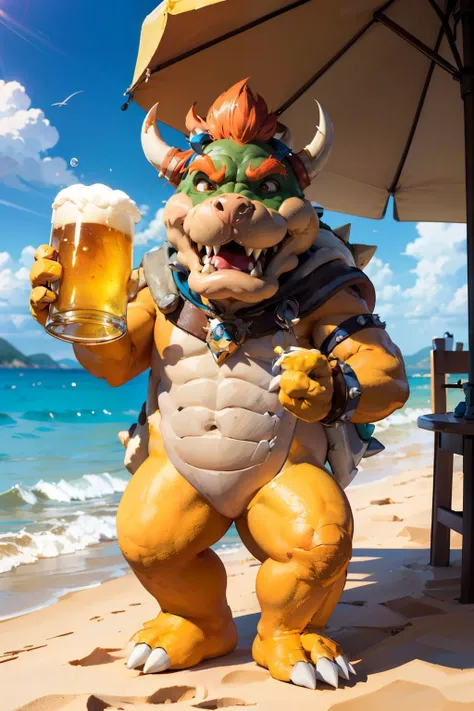 Bowser, tall, yellow skin, spiked bracelets, looking at viewer, smiling, happy, full body,
standing, on a beach, holding a beer glass, blue sky, extreme detail, hdr, fantasy quality,
<lora:Bowser1:.8>