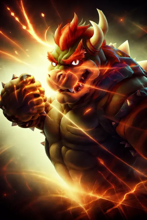 masterpiece, best quality, highres, ultra-detailed, <lora:ExplosionMagic-20:1.3> explosionmagic , excessive energy, smoke, glowing aura, <lora:Bowser1:1> Bowser, Bowser \(Mario Series\), <lora:IncomingPunch2:1> IncomingPunch, punching viewer, (emphasis lines:1.2), facing viewer, looking at viewer