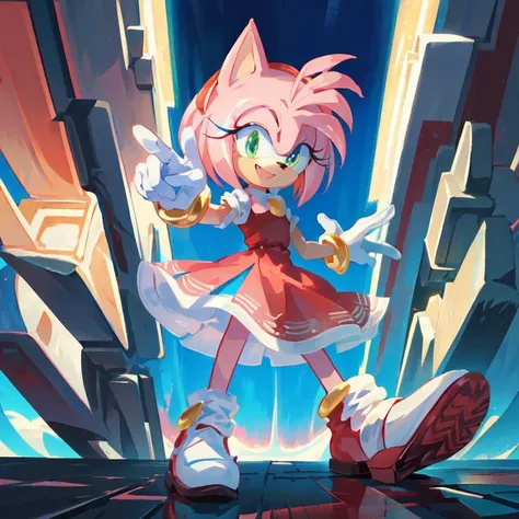 (masterpiece, best quality:1.1),fantasy,  intricate,  illustration,
1girl, solo, dress, pink skin,detailed eyes,
<lora:Amy Rose:1>,amy rose,  looking at viewer, smile, dynamic pose,  <lora:maplestory1Style:0.3>, sonic \(series\),