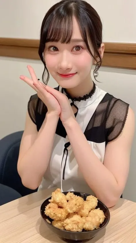 1girl, highly detailed face, long-shaped and narrowed eyes:1.2, small pupil, 30 years old, teeth, dynamic pose,  , best quality, sleeveless dress,<lora:minamisaki_lora-06:1>,looking at viewer, karaage on table which is in front of her, v,
