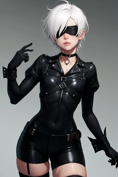 Yorha boy, cute boy, femine boy, closed lips, white hair color, short hair, black blindfold, long sleeves, black stockings, standing, black choker, black gloves, shorts, detailed, 4k resolution, <lora:Yorha9s:0.8>
