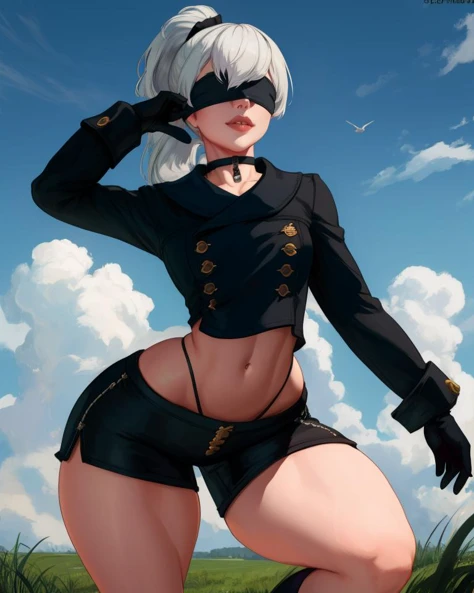 Yorha,white hair,black blindfold,black choker,lips,ponytail,
ysmile,midriff peek,hips,legs,pose,wide hips,
black gloves,long sleeves,black shorts,black jacket,buttons,
fog,grass,science fiction,
(insanely detailed, masterpiece, best quality),<lora:Yorha9s-10Nv9:0.7>,