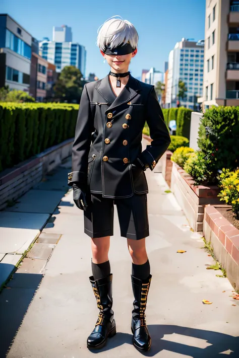 Yorha, short white hair, black blindfold, lips, mole under mouth, choker,black gloves, long sleeves, black shorts, black jacket, buttons, boots, black socks, looking at viewer, smiling, full body shot, standing, outside,cityscape, blue sky, high quality, masterpiece <lora:Yorha9s:.7>