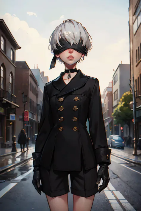 Yorha, short white hair, black blindfold, lips, mole under mouth, choker, black jacket, gloves, long sleeves, buttons, black shorts, looking at viewer, serious, standing, outside, street, cityscape, overcast, high quality, masterpiece  <lora:Yorha9s:.7>