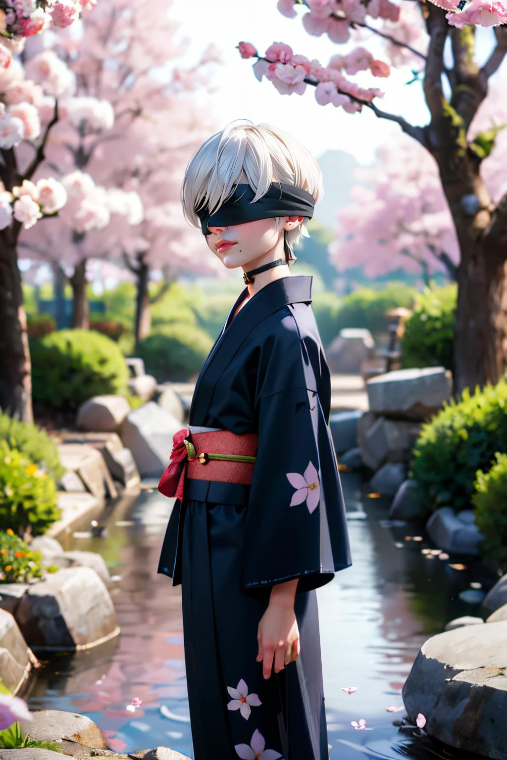 Yorha, short white hair, black blindfold, lips, mole under mouth, choker, traditional yukata, long sleeves, looking at viewer, serious, standing, outside, garden, cherry blossom, pond, rocks, blue sky, high quality, masterpiece <lora:Yorha9s:.7>
