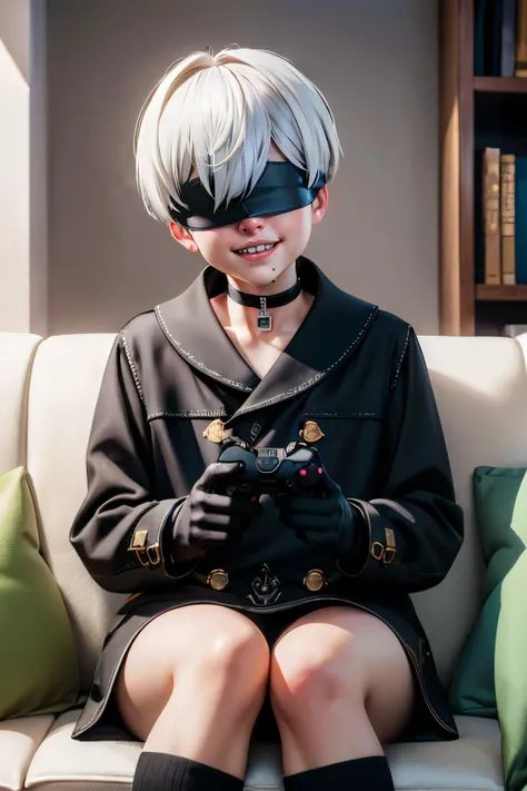 Yorha, short white hair, black blindfold, lips, mole under mouth, choker,black gloves, long sleeves, black shorts, black jacket, buttons, looking at viewer, smiling, sitting, on sofa, holding game controller, inside cozy living room, high quality, masterpiece <lora:Yorha9s:.7>