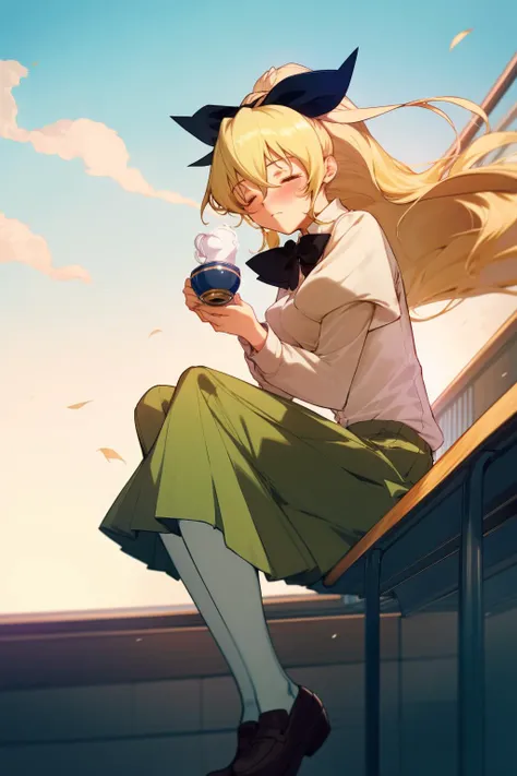 masterpiece, highest quality, best quality, 1girl, solo, looking at viewer, (holding tea cup:1.1), sad,
satou lilly, black bow, blush, hair between eyes, hair blowing, katawa shoujo, long hair, pantyhose, school uniform, skirt, blonde hair, green skirt, half-closed eyes, <lora:my_SatouLilly_v1:0.8>