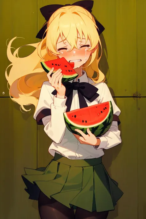 masterpiece, highest quality, best quality, 1girl, solo, looking at viewer, (holding watermelon:1.1), sad, (crying:1.1),
satou lilly, closed eyes, black bow, blush, hair between eyes, hair blowing, katawa shoujo, long hair, pantyhose, school uniform, skirt, blonde hair, green skirt, <lora:my_SatouLilly_v1:0.4>
lozhkin, accurate teeth with gaps <lora:lozhkin_V1:0.2>