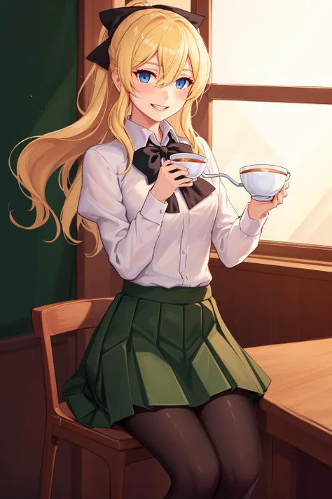 masterpiece, highest quality, best quality, 1girl, solo, looking at viewer, holding tea cup,
satou lilly, (pupiless eyes:1.3), (blind:1.1), blue eyes, black bow, blush, hair between eyes, hair blowing, katawa shoujo, long hair, pantyhose, school uniform, skirt, blonde hair, green skirt, <lora:my_SatouLilly_v2:0.5>
lozhkin, big smile, accurate teeth with gaps <lora:lozhkin_V1:0.2>
