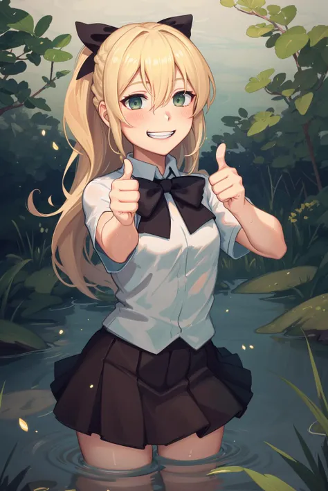 masterpiece, highest quality, cowboy shot, best quality, 1girl, solo, looking at viewer, ((head over water)), ((body under water)), Head focus, (thumb up:1.2),
white_eyes, grey_eyes, blurred eyes, empty eyes, satou lilly, black bow, blush, hair between eyes, hair blowing, katawa shoujo, long hair, school uniform, blonde hair, <lora:my_SatouLilly_v2:0.4> lake, water, (green colored water:1.1), (swamp:1.2),
lozhkin, (grin:1.1), accurate teeth with gaps, open mouth, <lora:lozhkin_V1:0.3>
