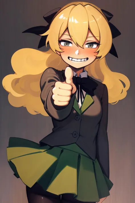 masterpiece, highest quality, best quality, 1girl, solo, looking away , (thumb up:1.2),
white eyes, grey eyes, blurred eyes, empty eyes, satou lilly, black bow, blush, hair between eyes, hair blowing, katawa shoujo, long hair, pantyhose, school uniform, skirt, blonde hair, green skirt, <lora:my_SatouLilly_v2:0.4>
lozhkin, big smile, accurate teeth with gaps, (grin:1.1), <lora:lozhkin_V1:0.6>