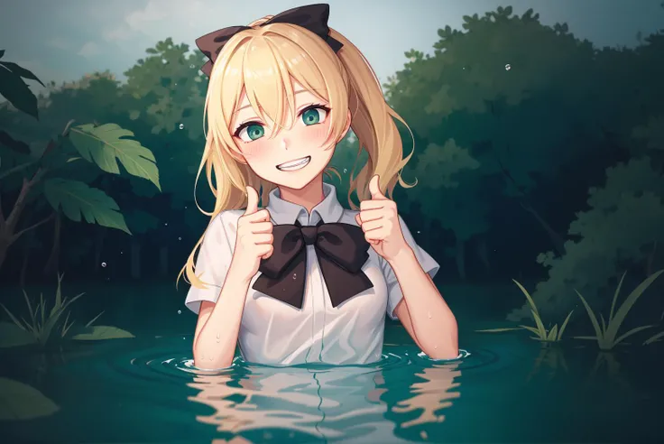 masterpiece, highest quality, cowboy shot, best quality, 1girl, solo, looking at viewer, ((head over water)), ((body under water)), Head focus, (thumb up:1.2),
white_eyes, grey_eyes, blurred eyes, empty eyes, satou lilly, black bow, blush, hair between eyes, hair blowing, katawa shoujo, long hair, school uniform, blonde hair, <lora:my_SatouLilly_v2:0.4> lake, water, (green colored water:1.1), (swamp:1.2),
lozhkin, (grin:1.1), accurate teeth with gaps, open mouth, <lora:lozhkin_V1:0.3>