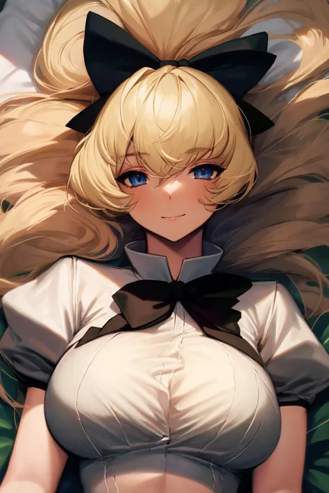 (best quality, masterpiece), 1girl, bra, lying, from above, upper body,
(blend eyes:1.1), satou lilly, black bow, hair blowing, katawa shoujo, long hair, school uniform, blonde hair, upper body, large breasts, <lora:my_SatouLilly_v2:0.8>