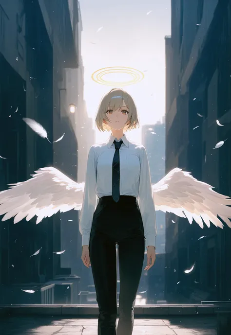 1girl, short hair, platinum blonde hair, halo, feathered wings, collared shirt, necktie, trousers, falling feathers, dramatic cinematic lighting, expressive, dynamic
BREAK volumetric lighting, bloom, depth of field, score_9, score_8_up, score_7_up, rooftop