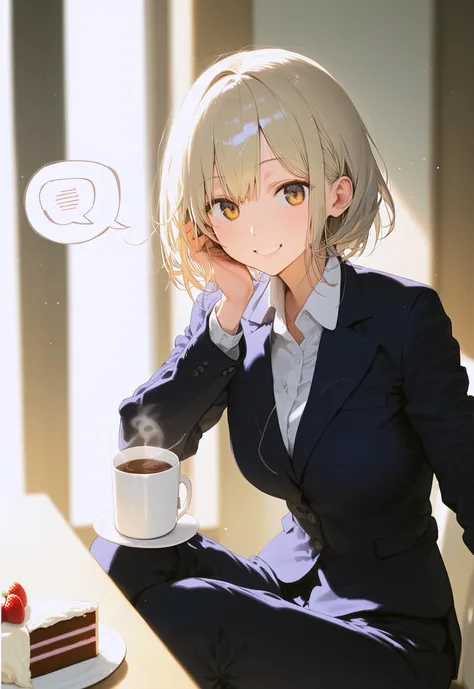 1girl, on lunch break, sitting, short hair, platinum blonde hair, blazer, shirt, trousers, coffee mug, cake, happy, spoken ellipsis
BREAK volumetric lighting, bloom, depth of field, score_9, score_8_up, score_7_up