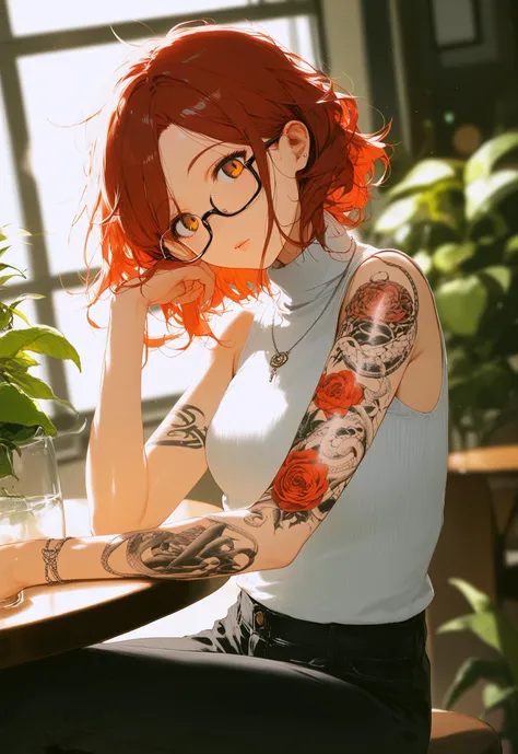 1girl, relaxing at a cafe, short messy hair, parted bangs, (snake arm tattoo, arm tattoo, tattoo:1.2), shirt, cropped sleeveless turtleneck sweater, trousers, necklace, simple jewelry, semi-rimless eyewear, contemporary, smart casual style, head tilt, casual fashion photography, dynamic angle
BREAK soft volumetric lighting, bloom, depth of field, score_9, score_8_up, score_7_up, Manhattan cafe, cozy, plant