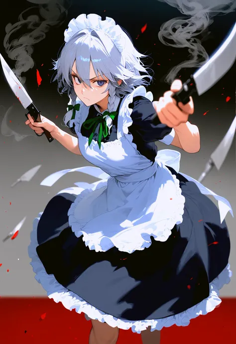 1girl, izayoi sakuya, touhou, solo, motion blur, dynamic, smoke, maid headdress, maid, apron, short sleeves, dress, closed mouth, white apron, maid apron, puffy short sleeves, frills, puffy sleeves, black dress, frilled apron, hair between eyes, throwing knives, knives, serious face
BREAK score_9, score_8_up, score_7_up