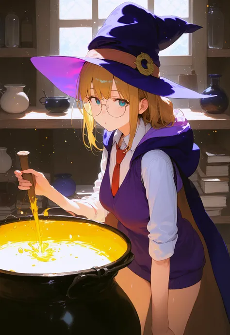 witch mixing potions in her apothecary filled with alchemy ingredients, bubbling glowing cauldron, round eyewear, witch hat, sweater vest, collared shirt, necktie, hooded cloak, shelf, table, magic academy, light particles, flat color, cell shading
BREAK score_9, score_8_up, score_7_up