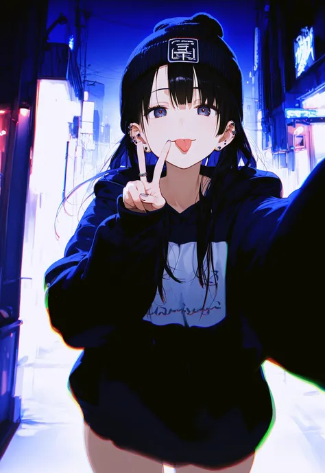 (fisheye:1.2), selfie, 1girl, moody nighttime atmosphere, v, tongue out, oversized hoodie, beanie, piercing, oversized clothes, from below
BREAK rim lighting, (chromatic aberration:1.1), dark moody, low-light. score_9, score_8_up, score_7_up, Harajuku street, nightlife