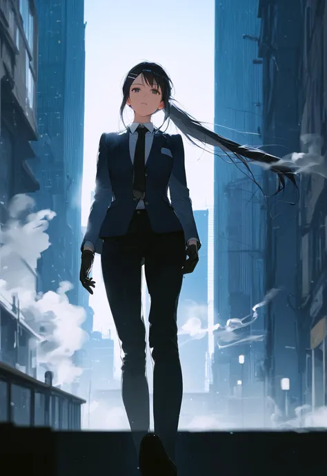 1girl, black ponytail, hairclip, blazer, shirt, necktie, trousers, gloves, dramatic cinematic lighting, swirling smoke, expressive, dynamic
BREAK volumetric lighting, bloom, depth of field, score_9, score_8_up, score_7_up, rooftop